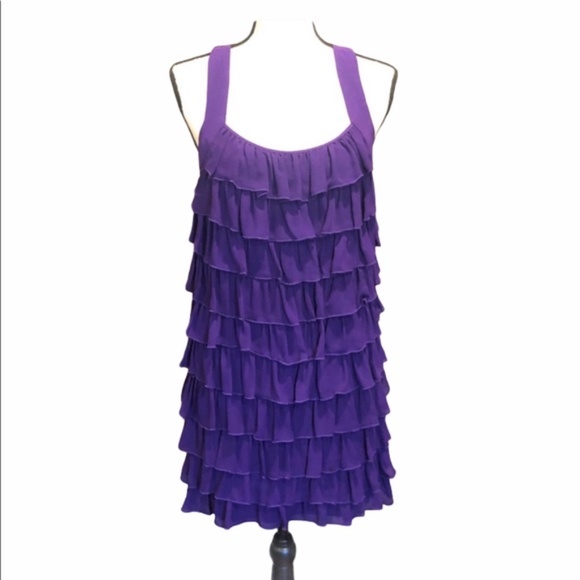 SINGLE DRESS - BRIGHT PURPLE RUFFLED RACER BACK SLEEVELESS SILK DRESS SIIZE XS - Picture 1 of 14